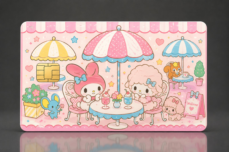 Cute Retro My Melody Pink Cafe Sanrio Credit Card Cover Sticker Skin Small Chip