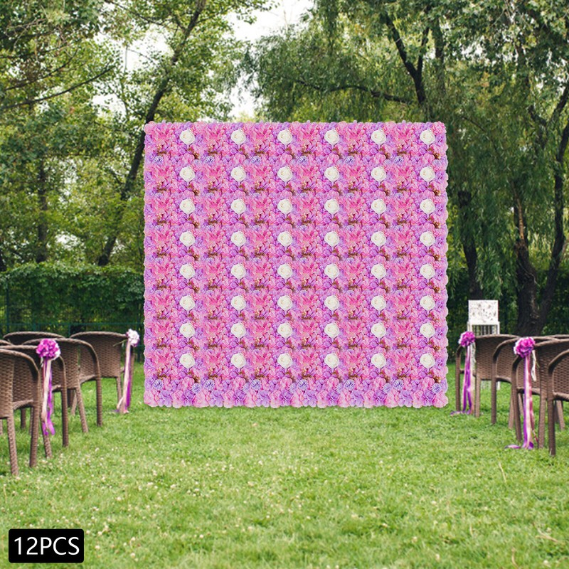 12Pc 3D Artificial Flower Wall Panels 15 in × 15 in Pink Purple White Backdrop