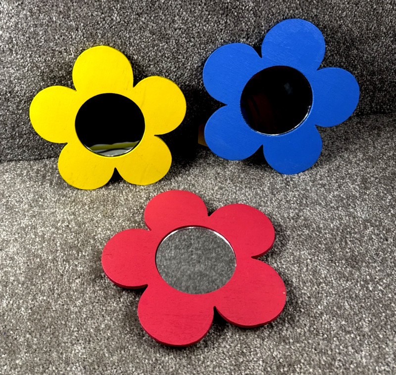 Vibrant Yellow, Pink & Blue Flower Shaped 7”x7” Wall Shelf Mirrors, 60’s Retro