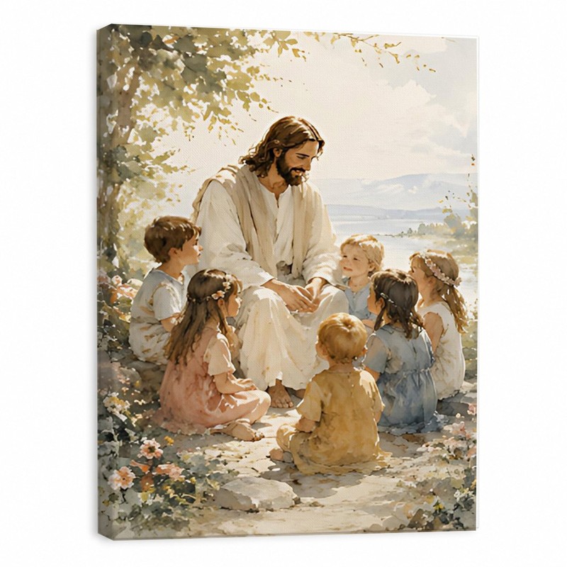 Jesus With Children Canvas Art Christian Religious Painting Sunlit Decor Gift