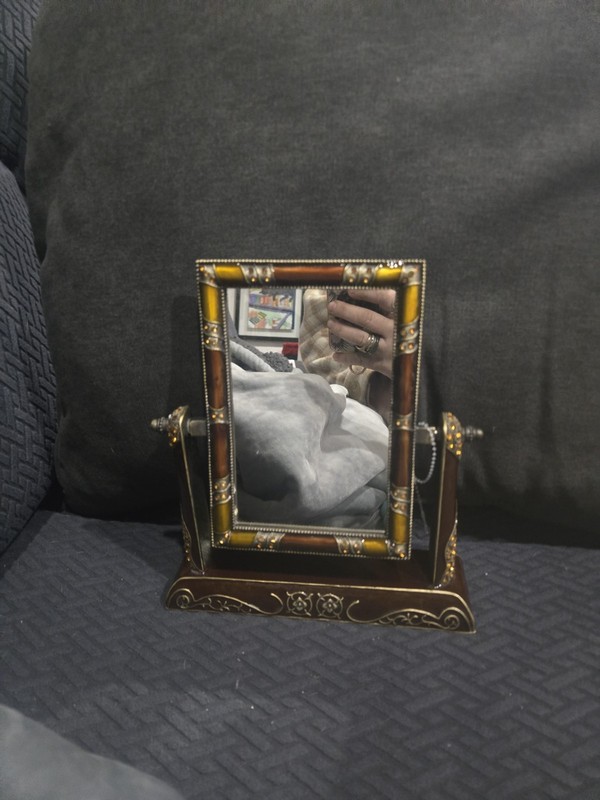 Vintage Table Top Mirror Birds Flowers Rhinestones & Enamel Swivel