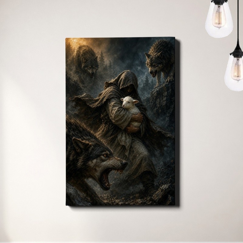 Man Protecting Lamb Canvas Print Wolves Fantasy Figure Scene
