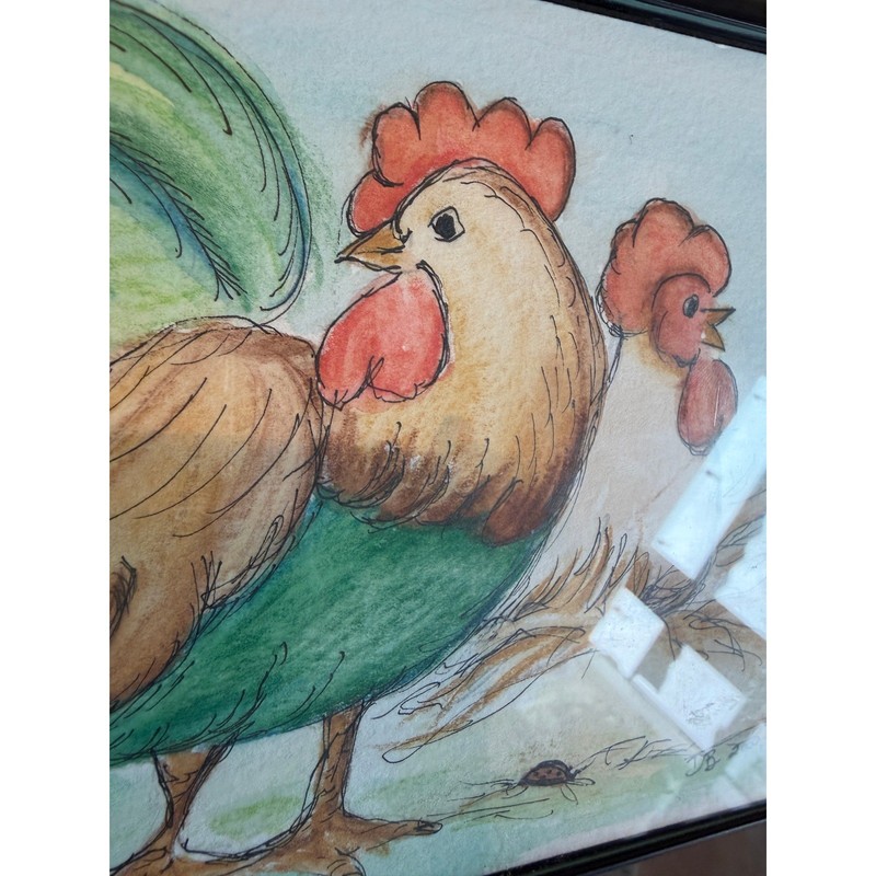 Vintage 2000 Signed DB Rooster Hen Watercolor Ink Art Framed 5x7 Country Decor gallery