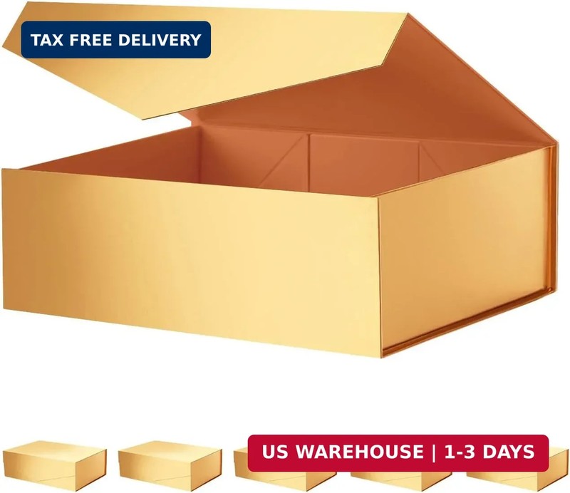Large Gold Collapsible Gift Boxes with Magnetic Closure Lids 13.5x9x4.1 Inches,