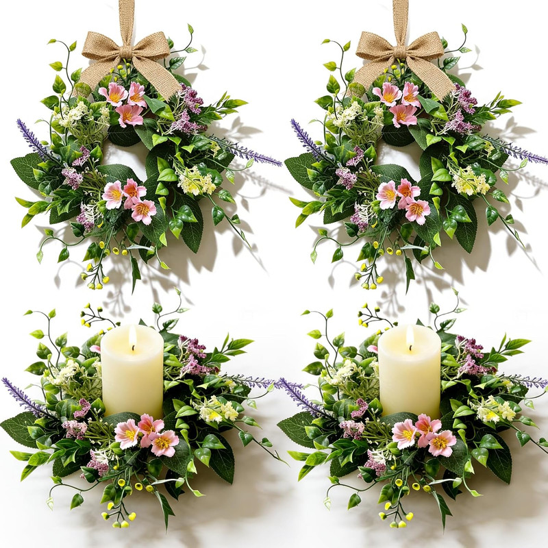4 Pcs Small Spring Summer Candle Ring Wreaths with Artificial Pink Flower Purple gallery