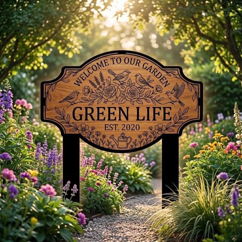 Personalized Garden Metal Sign, Custom Outdoor Floral Bird Decor, Welcome Sign