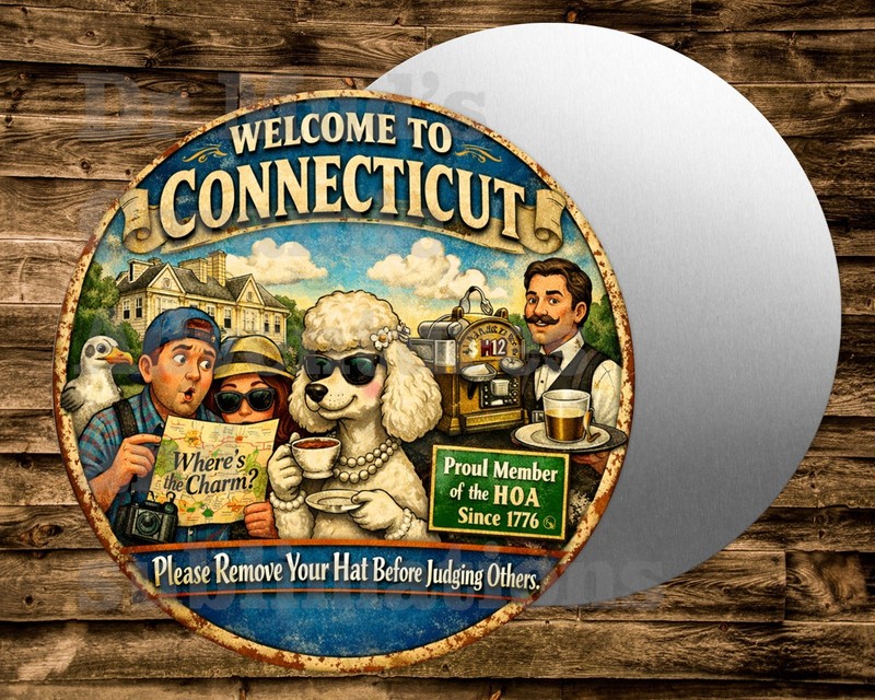 WELCOME TO CONNECTICUT Round metal Sign Wreaths Crafts miniatures
