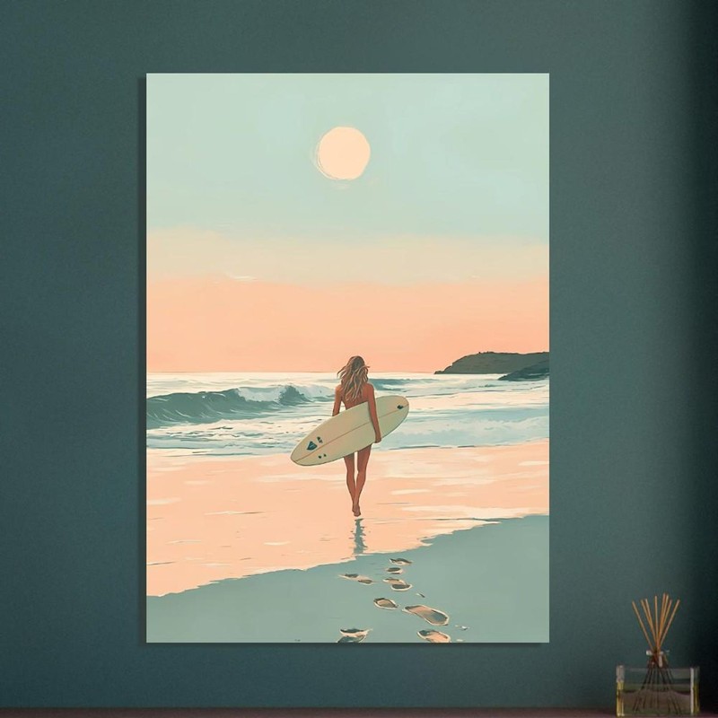 Surfer Girl Poster Minimalist Surf Wall Art Sunset Beach Coastal Decor- Unframed