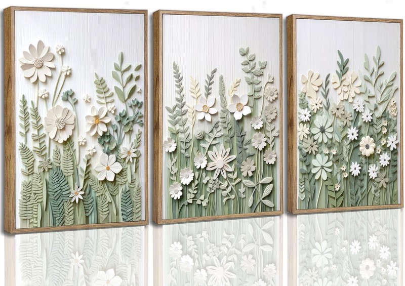 3 Pcs Sage Green Wildflowers Canvas Wall Art Neutral Minimalist Abstract Boho…