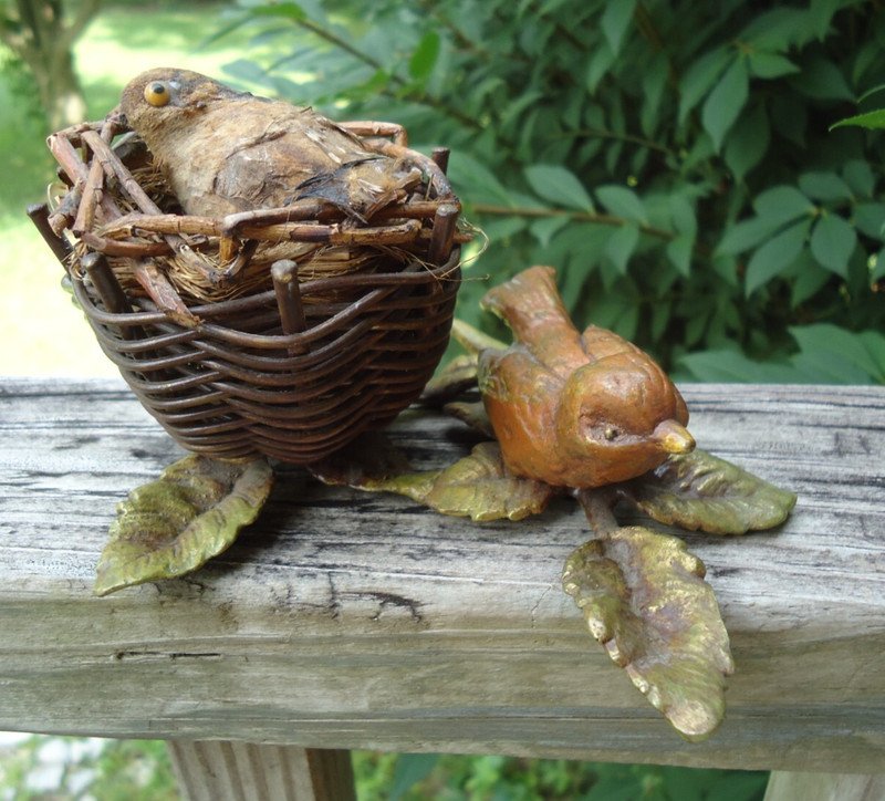 Metal Bird on Branch with Nest Decorative Scultpure Decor Whimsy Nature Art