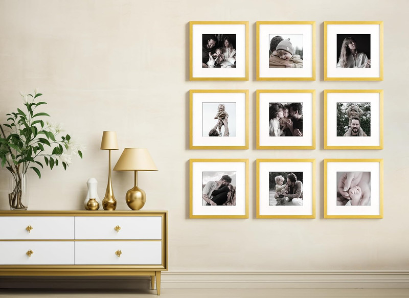 Gold 12x12 Picture Frame Set of 9 for Gallery Wall, 8x8 with Mat gallery
