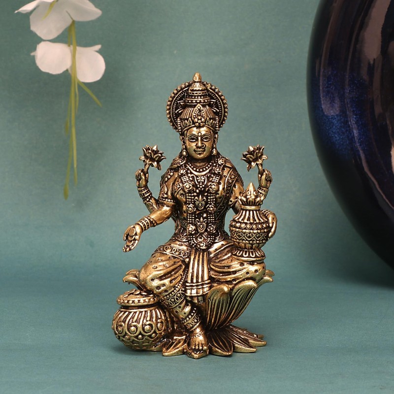 Brass Laxmi Murti Lakshmi Idol Luxmi Goddess Lakshmi Sitting on Lotus Statue