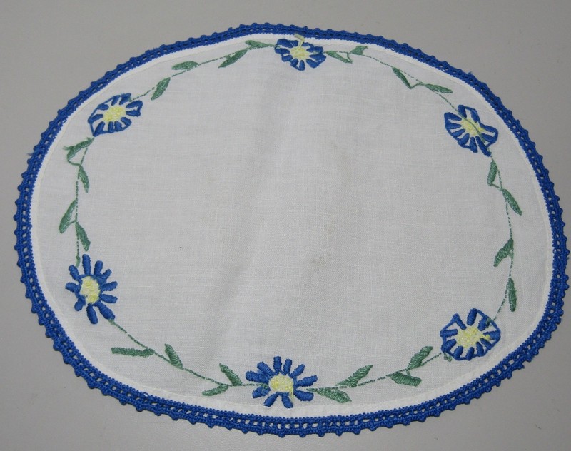 Vintage Hand Embroidered Linen Doily Crocheted Edge 12x10" Blue flowers & Edge gallery