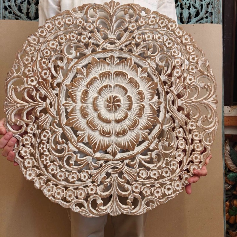 Teak Wood Wall Art 24" Rustic Whitewash Finish Detailed Floral Mandala RS013