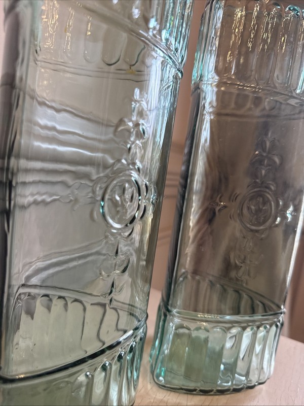 Two Turquoise 3-sided Storage Jars Embossed Design Glass 11.5" gallery