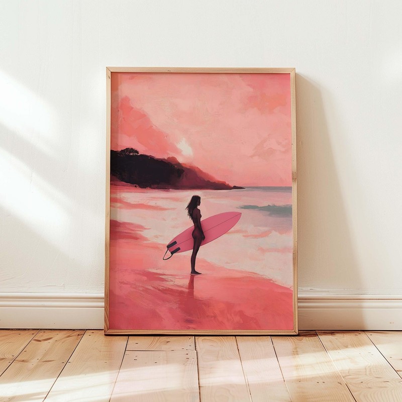 Surfer Girl Poster, Pink Coastal Wall Art, Summer Print No Frame