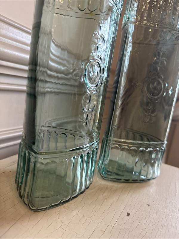 Two Turquoise 3-sided Storage Jars Embossed Design Glass 11.5" gallery