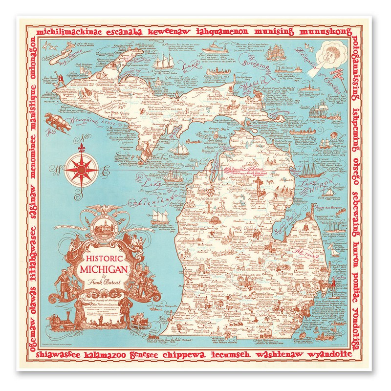 Historic Michigan State Map – Pictorial Art Print Poster by Barcus circa 1952