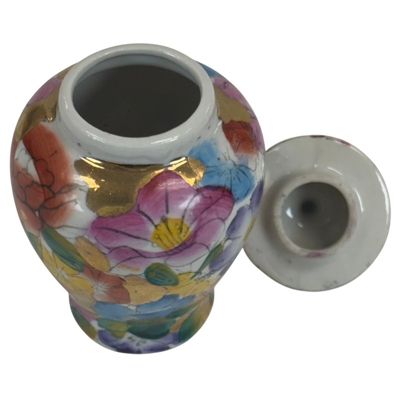Vintage Miniature Ginger Jar w/ Lid Asian Floral 4" H 2-1/2" @ Widest gallery