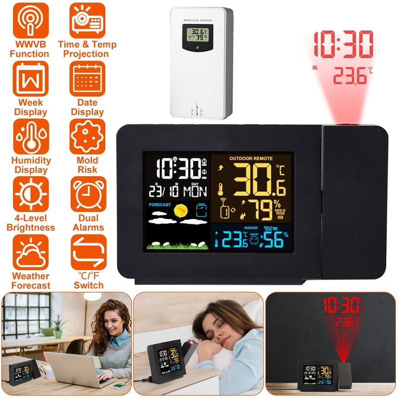 Atomic Projection Alarm Clock Radio Control Snooze Dual Alarm Temperature Sensor