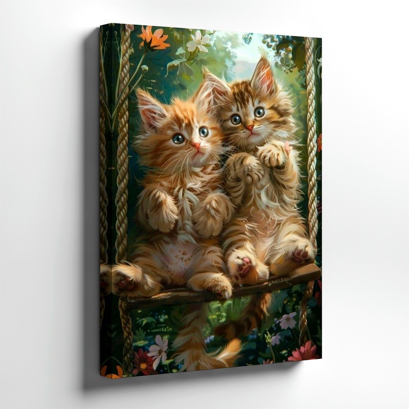 Wall Art Cute Fluffy Kittens on Swing Floral Garden Canvas Print Home Decor