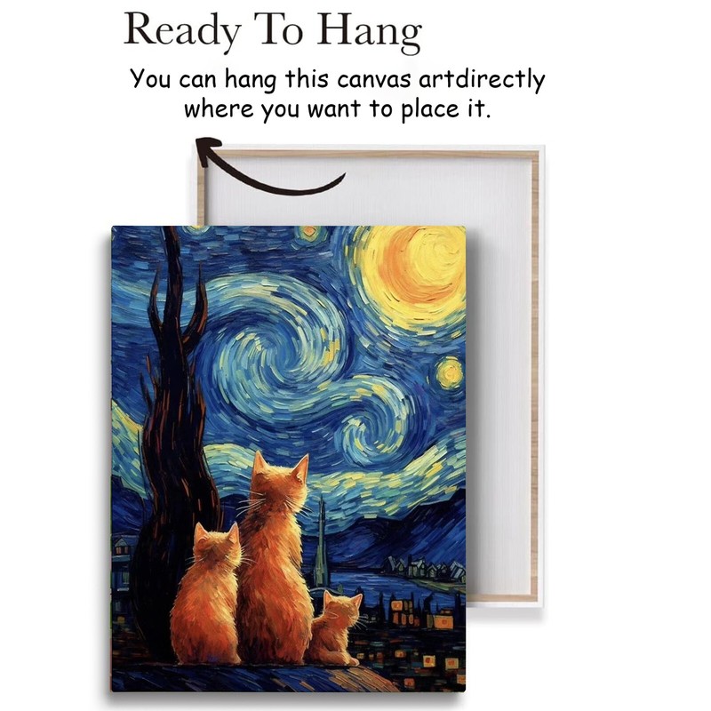 Van Gogh Starry Night Cat Wall Art Black Cat Poster Cat Floral Print Gift gallery