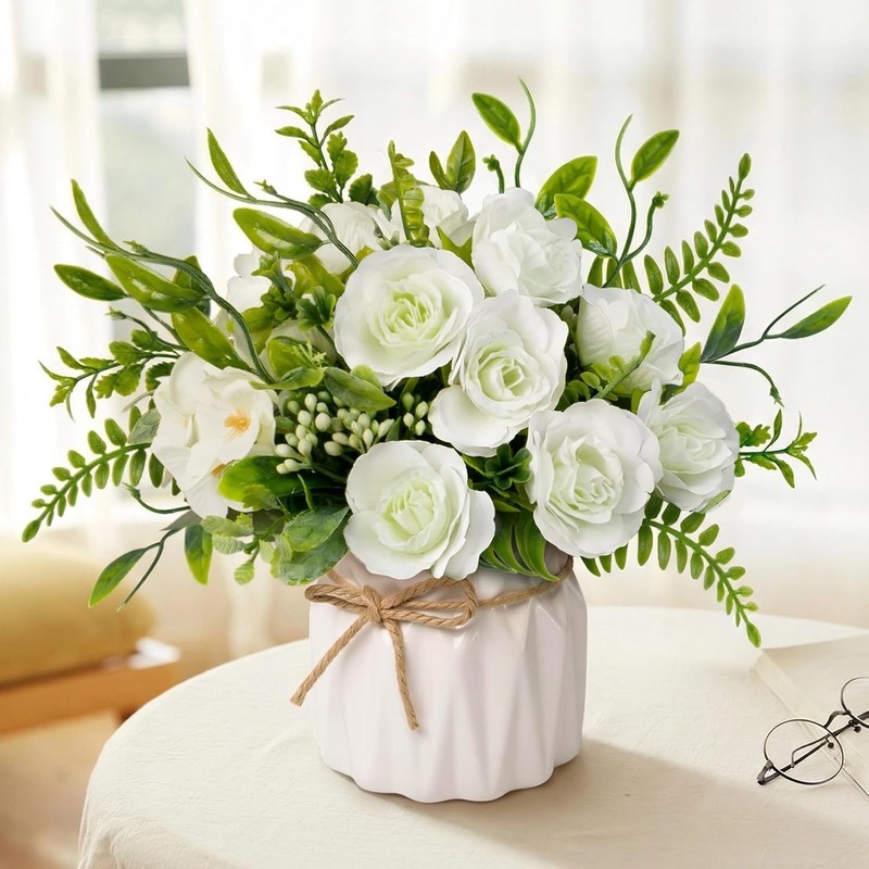 Artificial Silk Roses in Ceramic Vase, No Maintenance Faux Flower Arrangement