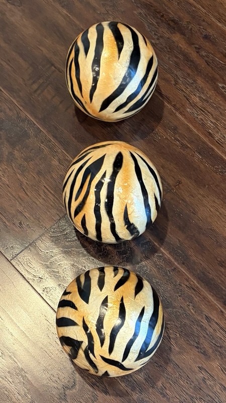 3 ANIMAL PRINT 4” SPHERES - GLOSSY PAPER MACHE PIECES OF ART! REFINED & COLORFUL