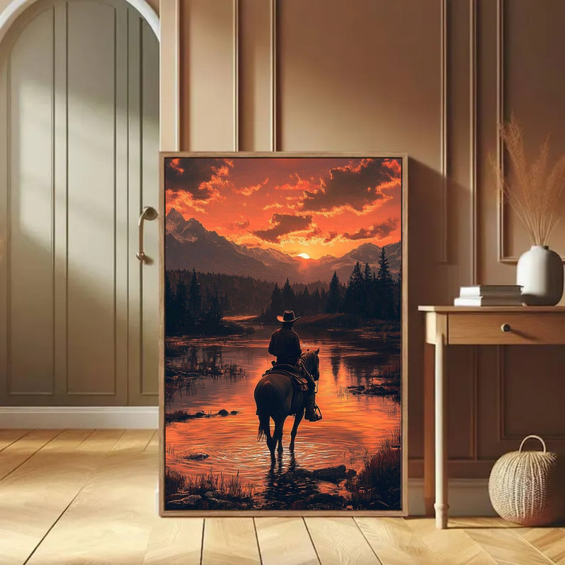 Cowboy Full Moon Poster Orange Sunset Art Print Dramatic Western Landscape