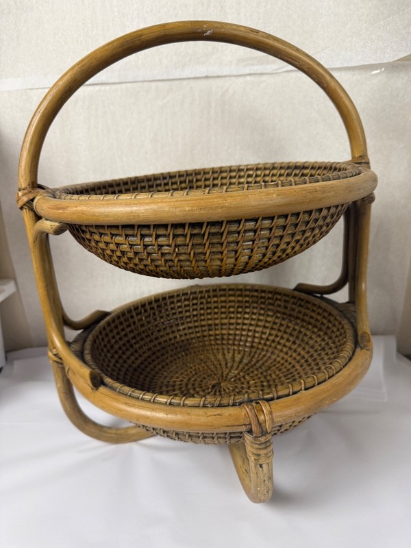 Bamboo 2 Tier Rattan Basket Vintage 70s Fruit Plant Stand Basket with Handle