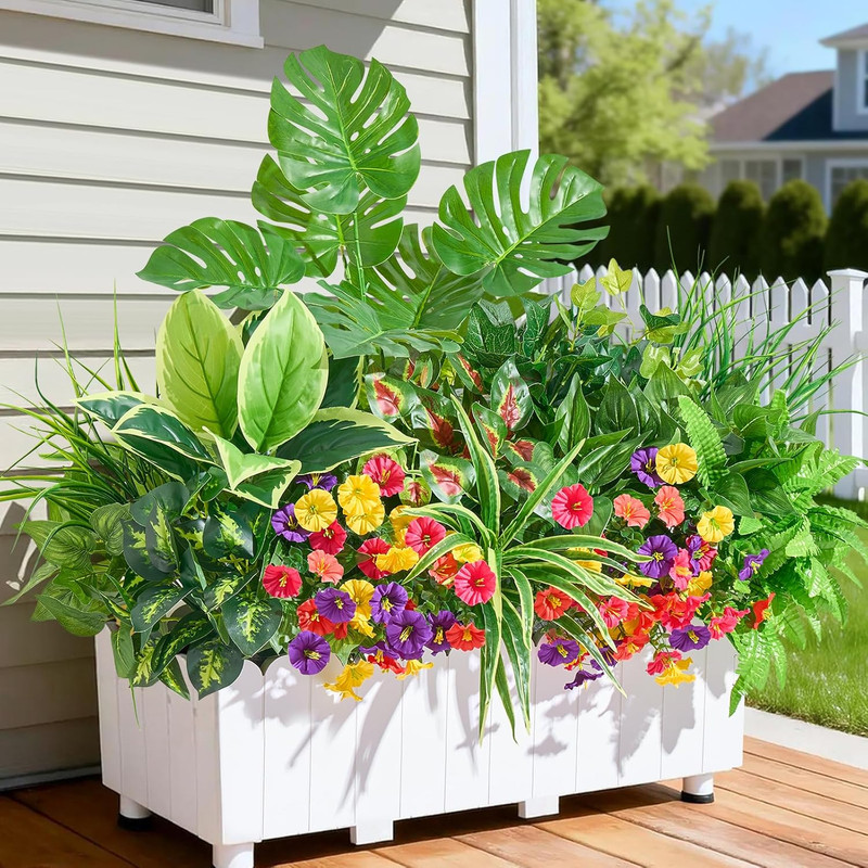 Artificial Plants Outdoor,18Pcs UV Resistant Fake Greenery&Flowers with Stems Fa