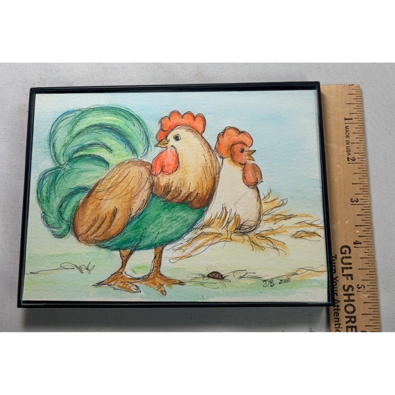 Vintage 2000 Signed DB Rooster Hen Watercolor Ink Art Framed 5x7 Country Decor gallery