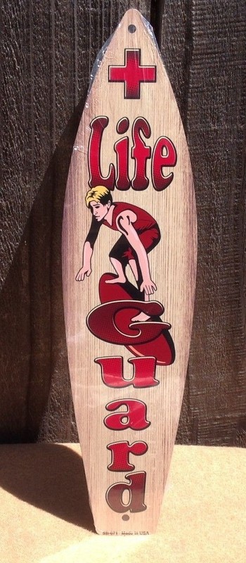 Life Guard Wooden Appearance Cross Mini Metal Beach Surf Board Sign 17″ x 4.5″
