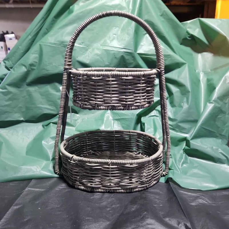 Wicker Rattan 2-Tier Basket Stand Fruit Plant Storage Boho Farmhouse MCM