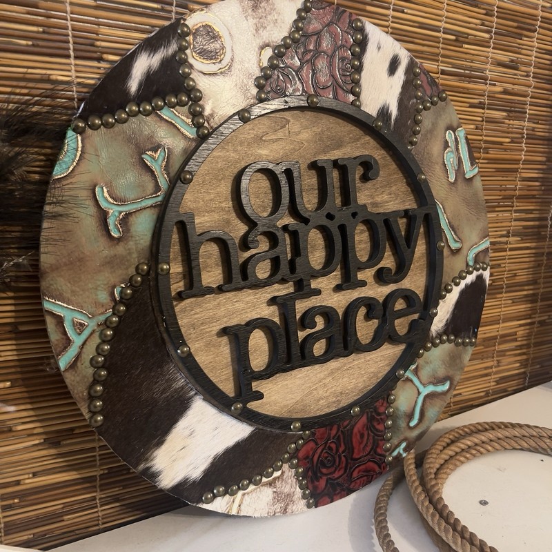 Rustic Wood Round Decorative Leather Wall Hanging Our Happy Place Hair On The Hi gallery