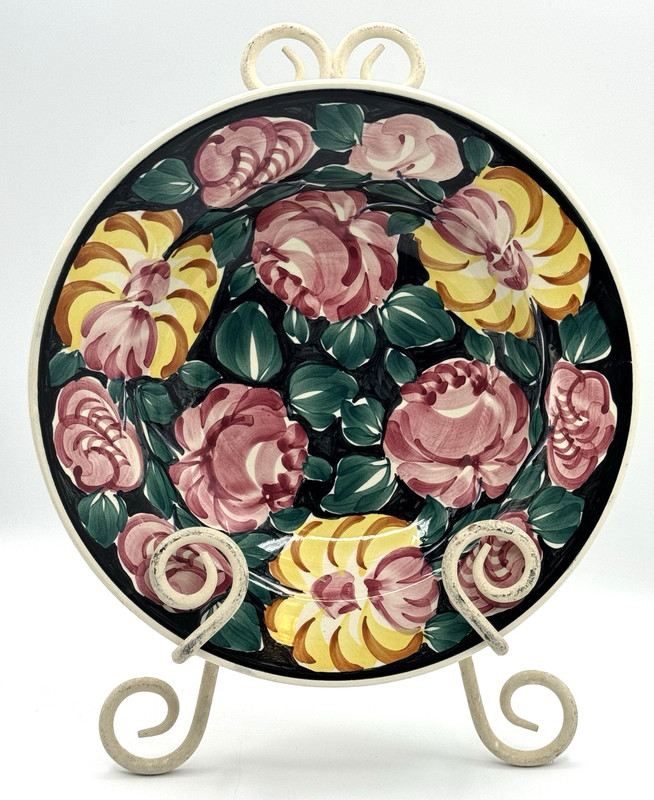 Vtg Wloclawek Poland Faience Earthenware Bowl Hand Painted Hangable Floral 9.75″