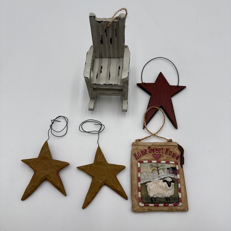 Americana Primitive Style Wooden Rustic Ornaments Stars Mixed Lot Of 5