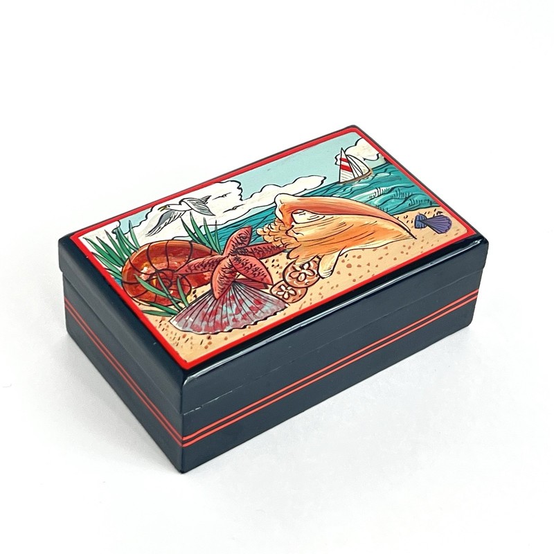 Hand Painted Wood Trinket Box Seashells Beach Ocean Sea Bird Boat 3×5” Thailand
