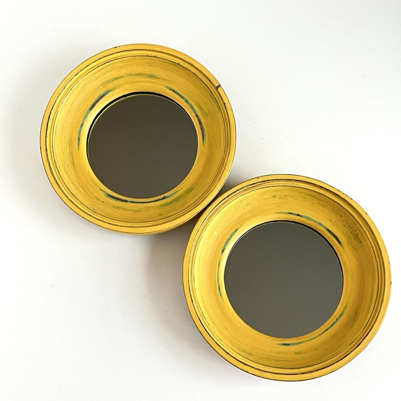 2 Round Mustard Yellow Frame Wall Mirrors 6.5″ Shabby Chic Country Cottage ￼