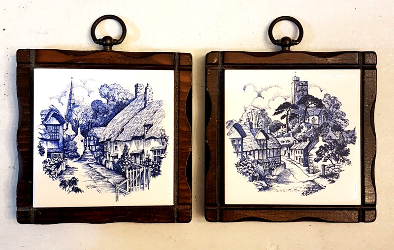 Wall Plaque LOT Delft Blue White Ceramic Tile Trivet Thatched English Cottage