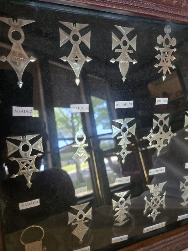 Wall Art 21 African Tuareg Silver Crosses Display Tooled Leather Frame W/ Glass gallery