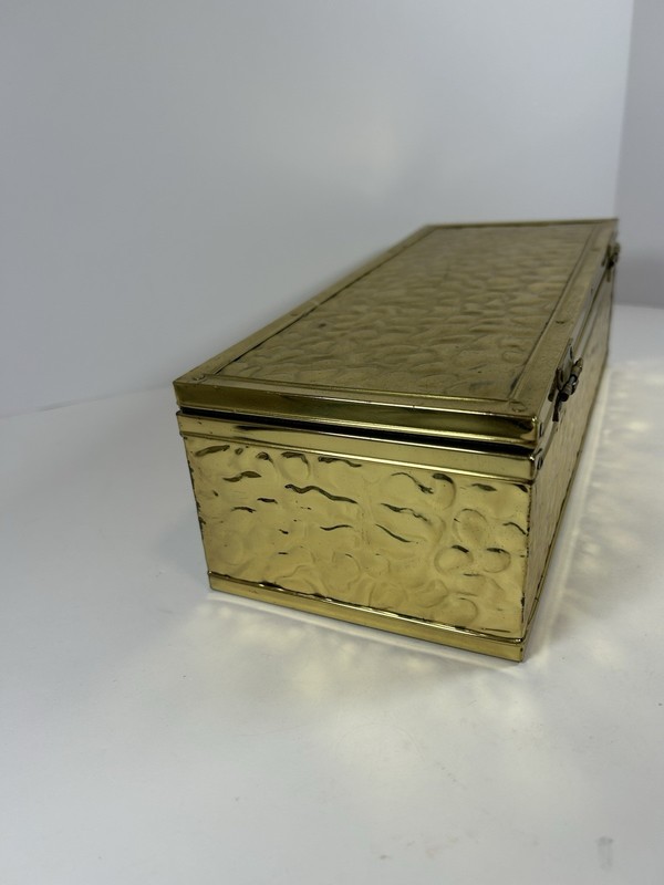 Brass Lidded Box 12” Textured Hinged Storage Stash Trinket Desk Gold gallery