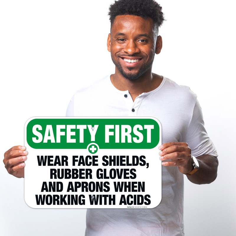 Wear Face Shields, Rubber Gloves And Aprons Sign, OSHA Safety First Sign, gallery