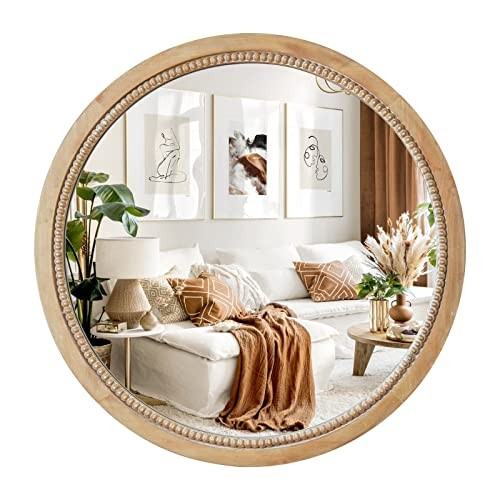 Round Wood Mirror,24 inch Circle Rustic Farmhouse Natural 24″L x 24″W Nature
