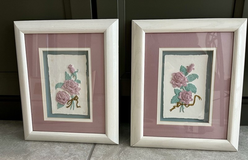 Pair of framed 3D rose wall art – mauve & teal, shabby chic decor 9”x12” Signed