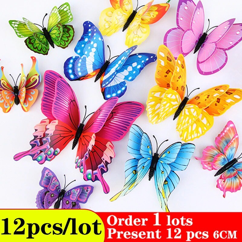 12PCS 3D Butterflies Multicolor Double Layer Home Decoration Stereo Wall Sticker