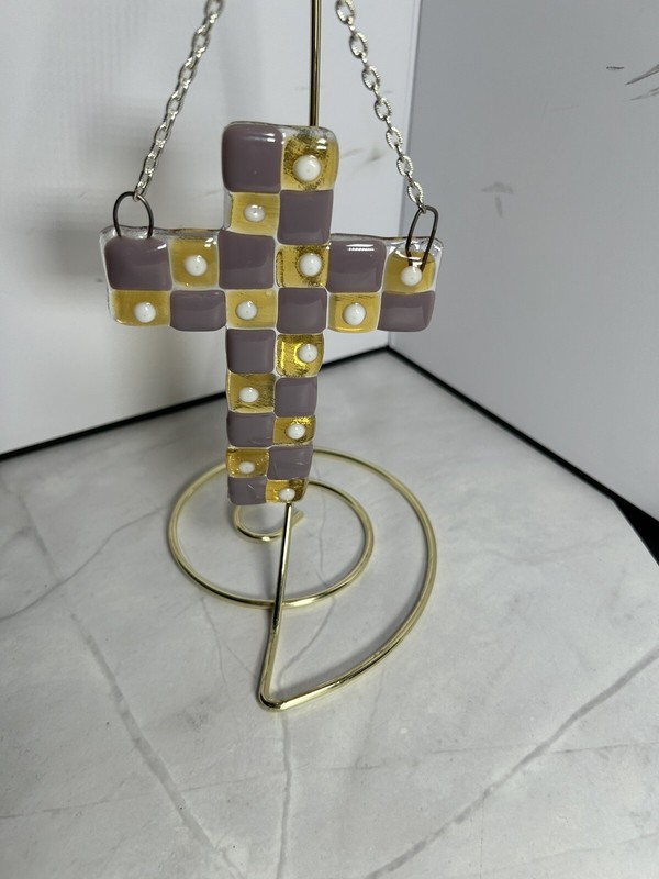 Fused glass art glass cross suncatcher Purple, Yellow And White
