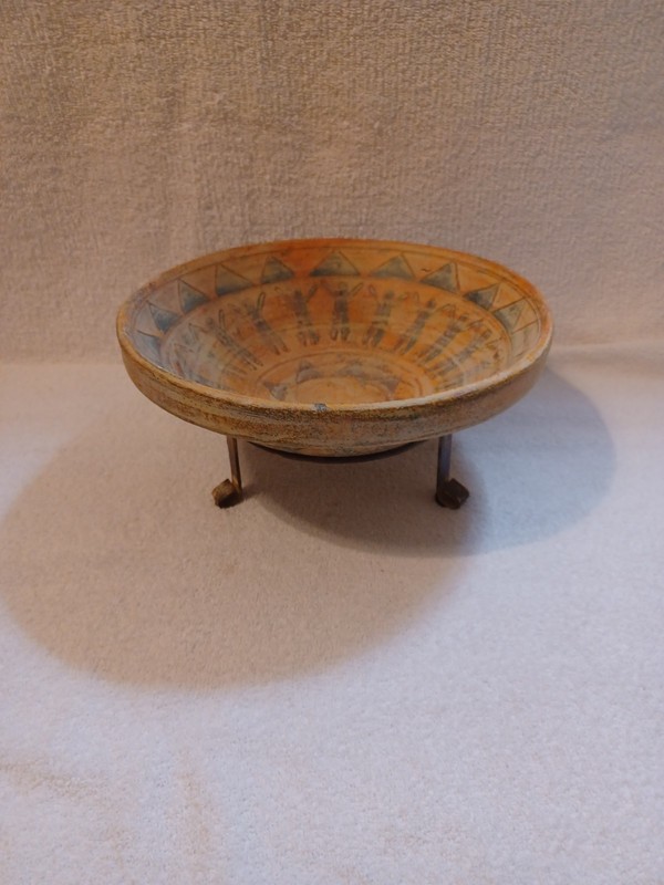 Decorative Terracotta Bowl Archaic Style Human Design W/metal Stand A-24