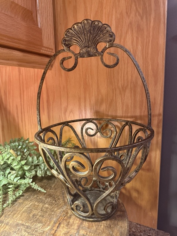 Vintage Iron Planter with Shell and Scroll Motif  13” Tall By 9” Wide. 