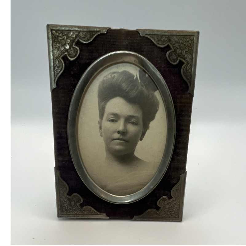 Antique Victorian Ornate Metal & Purple Velvet Frame W/ Black & White Photo Lady